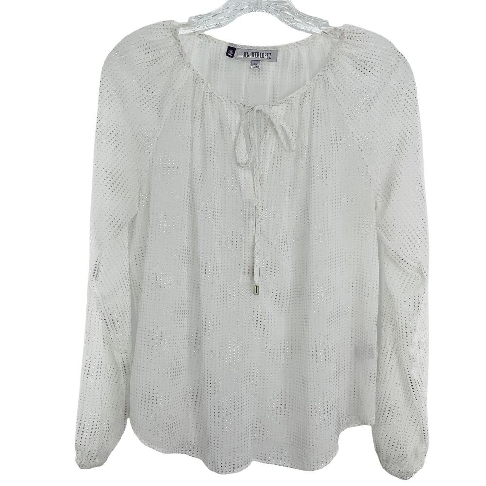 Jennifer Lopez White Eyelet Sheer Silver Studded Boho Long Sleeve Blouse XS